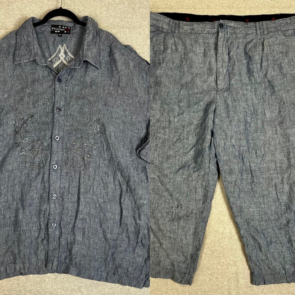 Royal Prestige Linen Short Pants Shirt Set 5XL Blue Embroidery Lightweight